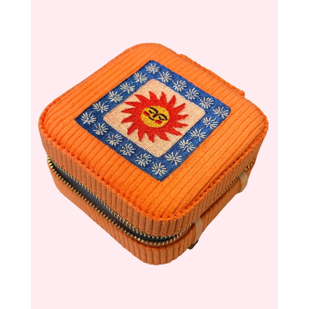 NEW Escape to Paradise Travel Jewelry Box Orange Corduroy Sun Embroidery